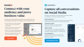Social Trends Report 2024 39
Connect with your
audience and prove
business value
Prioritize social media interactions and never miss mentions from your
most loyal brand advocates with HubSpot’s smart social media tools.
• Build and publish social media campaigns
with ease, using our AI-powered social
post generator.
• Monitor social mentions automatically with
streams based on certain keywords.
• Report on social media marketing ROI and set
up custom social reports and dashboards.
• See how social media impacts your larger
marketing campaigns and strategy.
Get a demo
Capture all conversations
on Social Media
Identify all conversations in real time about your brand, market,
or competitors on the web and social networks
Brand management
Understand and improve your brand’s reputation online by easily identifying
everything that’s being said about it on the web and social media
Competitive analysis
Monitor and strengthen your market position by
tracking every move your competitors make
Market research
Identify movements in your market and stay relevant
to your audience by anticipating the emergence of new
technologies, regulatory changes or consumer behavior
Crisis Management
Manage and reduce the effects of a brand crisis by
identifying it at an early stage and interacting with
those who are fuelling it
Try Mention for free
 