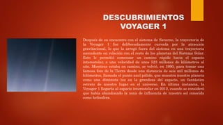 DESCUBRIMIENTOS
VOYAGER 1
Después de su encuentro con el sistema de Saturno, la trayectoria de
la Voyager 1 fue deliberadamente curvada por la atracción
gravitacional, lo que la arrogó fuera del sistema en una trayectoria
ascendente en relación con el resto de los planetas del Sistema Solar.
Esto le permitió comenzar un camino rápido hacia el espacio
interestelar, a una velocidad de unos 523 millones de kilómetros al
año. Mientras estaba en camino, se volvió, en 1990, para tomar una
famosa foto de la Tierra desde una distancia de seis mil millones de
kilómetros, llamada el punto azul pálido, que muestra nuestro planeta
como una diminuta luz en la grandeza del espacio, un fantástico
retrato de nuestro lugar en el universo. En última instancia, la
Voyager 1 llegaría al espacio interestelar en 2012, cuando se consideró
que había abandonado la zona de influencia de nuestro sol conocida
como heliosfera.
 