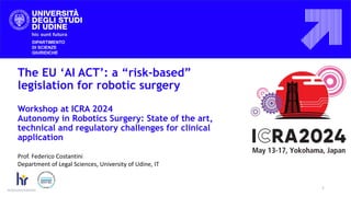 The EU ‘AI ACT’: a “risk-based”
legislation for robotic surgery
Workshop at ICRA 2024
Autonomy in Robotics Surgery: State of the art,
technical and regulatory challenges for clinical
application
1
DIPARTIMENTO
DI SCIENZE
GIURIDICHE
Prof. Federico Costantini
Department of Legal Sciences, University of Udine, IT
 