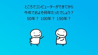 21
ところでコンピューターができてから
今年でおよそ何年たったでしょう︖
50年︖ 100年︖ 150年︖
 