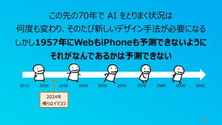 42
この先の70年で AI をとりまく状況は
何度も変わり、そのたび新しいデザイン⼿法が必要になる
しかし1957年にWebもiPhoneも予測できないように
それがなんであるかは予測できない
2012 2020 2030 2040 2050 2060 2070 2080 2090 2092
2024年
俺らはイマココ
 