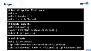 16
Usage
# Bootstrap the first node
make up
make kubeadm-init
make install-flannel
# Enable kubectl
make kubeconfig
export KUBECONFIG=$(pwd)/kubeconfig
kubectl get pods -A
# Multi-node
make join-command
scp join-command another-host:~/usernetes
ssh another-host make -C ~/usernetes up kubeadm-join
 