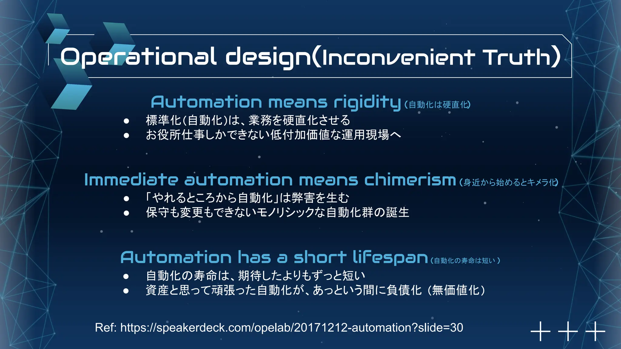 Automation means rigidity (自動化は硬直化)
● 標準化(自動化)は、業務を硬直化させる
● お役所仕事しかできない低付加価値な運用現場へ
Immediate automation means chimerism (身近から始めるとキメラ化
)
● 「やれるところから自動化」は弊害を生む
● 保守も変更もできないモノリシックな自動化群の誕生
Automation has a short lifespan(自動化の寿命は短い )
● 自動化の寿命は、期待したよりもずっと短い
● 資産と思って頑張った自動化が、あっという間に負債化 (無価値化)
Ref: https://speakerdeck.com/opelab/20171212-automation?slide=30
Operational design(Inconvenient Truth)
 