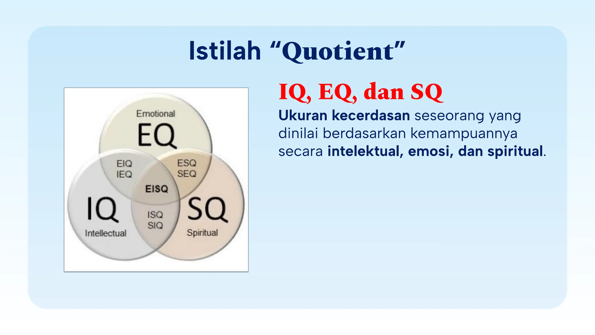 Istilah “Quotient”
IQ, EQ, dan SQ
Ukuran kecerdasan seseorang yang
dinilai berdasarkan kemampuannya
secara intelektual, emosi, dan spiritual.
 