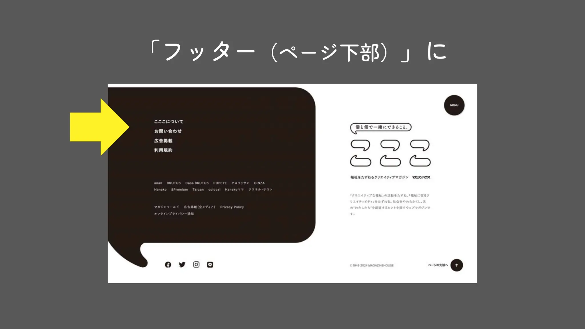 「フッター（ページ下部）」に
 