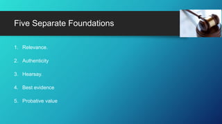 Five Separate Foundations
1. Relevance.
2. Authenticity
3. Hearsay.
4. Best evidence
5. Probative value
 