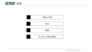 目次
©2023 ARISE analytics Reserved. 2
背景と目的
手法
結果
まとめと今後の展望
 
