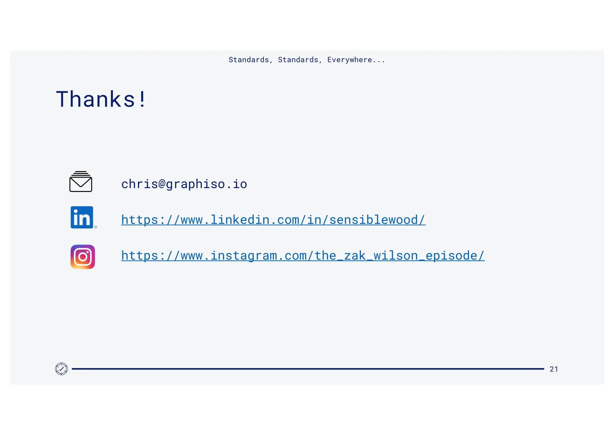 Thanks!
chris@graphiso.io
https://www.linkedin.com/in/sensiblewood/
https://www.instagram.com/the_zak_wilson_episode/
21
Standards, Standards, Everywhere...
 