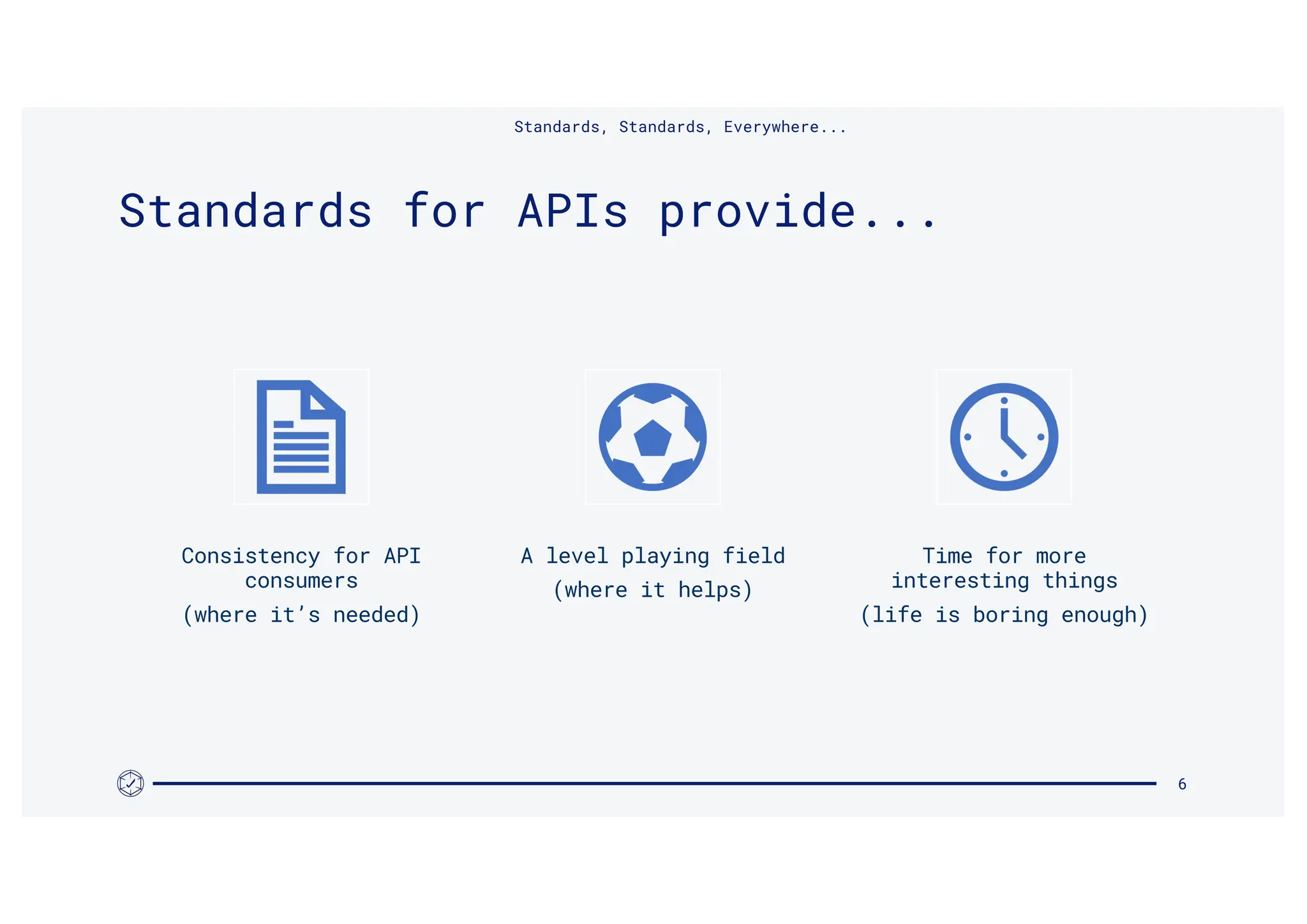 Consistency for API
consumers
(where it’s needed)
A level playing field
(where it helps)
Time for more
interesting things
(life is boring enough)
Standards, Standards, Everywhere...
6
Standards for APIs provide...
 