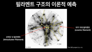The 300 project (Cui+18)
가스 분포도
우주 거대 필라멘트
(cosmic
fi
lament)
은하단 내 필라멘트
(Intracluster Filament)
필라멘트 구조의 이론적 예측
은하단
 