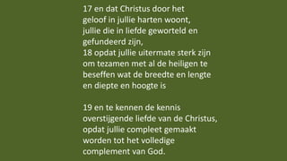 17 en dat Christus door het
geloof in jullie harten woont,
jullie die in liefde geworteld en
gefundeerd zijn,
18 opdat jul...