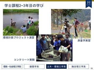 18
学士課程2~3年目の学び
環境計画プロジェクト演習
コンクリート実験
測量学実習
建築学系 土木・環境工学系 融合理工学系
環境・社会理工学院
 