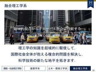 22
融合理工学系
建築学系 土木・環境工学系 融合理工学系
理工学の知識を超域的に駆使して，
国際社会全体が抱える複合的問題を解決し，
科学技術の新たな地平を拓きます．
環境・社会理工学院
 