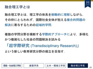 23
融合理工学とは
融合理工学とは，理工学の体系を俯瞰的に理解しながら，
その枠にとらわれず，国際社会全体が抱える複合的問題の
解決に寄与するための超域的学問．
複数の学問分野を横断する学際的アプローチにより，多様化
かつ複雑化した社会の問題解決を試みる
「超学際研究 (Transdisciplinary Research)」
という新しい教育研究分野の確立を目指す．
建築学系 土木・環境工学系 融合理工学系
環境・社会理工学院
 
