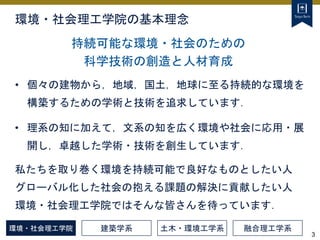 3
環境・社会理工学院の基本理念
• 個々の建物から，地域，国土，地球に至る持続的な環境を
構築するための学術と技術を追求しています．
持続可能な環境・社会のための
科学技術の創造と人材育成
環境・社会理工学院 建築学系 土木・環境工学系 融合理工学系
私たちを取り巻く環境を持続可能で良好なものとしたい人
グローバル化した社会の抱える課題の解決に貢献したい人
環境・社会理工学院ではそんな皆さんを待っています．
• 理系の知に加えて，文系の知を広く環境や社会に応用・展
開し，卓越した学術・技術を創生しています．
 