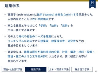 6
建築学系
• 建築学 (archi-tecture) は技術 (-tecture) を総合 (archi-) する原意をもち，
人類の歴史とともに古い学問体系です．
環境・社会理工学院 建築学系 土木・環境工学系 融合理工学系
• 単なる建築工学ではなく「学術」「技術」「芸術」を
三位一体とする場です．
• その上で時代や社会のニーズを確実にとらえ，
フレキシブルに対応できる建築家，建築技術者，研究者などの
養成を目的としています．
• 建築学には，建築の歴史や造形芸術的分野，計画・構造・材料・設備・
環境・施工のような工学的分野にいたるまで，実に幅広い内容が
含まれています．
 
