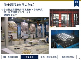 9
学士課程4年目の学び
建築学系 土木・環境工学系 融合理工学系
◎学士特定課題研究(卒業制作・卒業研究)
学士特定課題プロジェクト
建築学セミナー
環境・社会理工学院
 