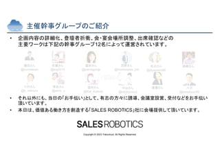 Copyright © 2023 Yakocloud, All Rights Reserved.
• 企画内容の詳細化、登壇者折衝、会・宴会場所調整、出席確認などの
主要ワークは下記の幹事グループ12名によって運営されています。
• それ以外にも、当日の「お手伝い」として、有志の方々に誘導、会議室設営、受付などをお手伝い
頂いています。
• 本日は、価値ある働き方を創造する「SALES ROBOTICS」社に会場提供して頂いています。
主催幹事グループのご紹介
増田さん
@aomassan
佐藤さん
@jrpj2010
冨田さん
@pentagonjp
茂野さん
@insidesales_job
八子
@tomokyun85
三村さん
@k_mimura
落合さん
@eimy_o
中山さん
@mickycloud
窪田さん
@Kat_Kubota
松元さん
@Ayapann88
森崎さん
渡邊さん
増田さん
@aomassan
佐藤さん
@jrpj2010
冨田さん
@pentagonjp
茂野さん
@insidesales_job
八子
@tomokyun85
三村さん
@k_mimura
落合さん
@eimy_o
中山さん
@mickycloud
窪田さん
@Kat_Kubota
松元さん
@Ayapann88
森崎さん
渡邊さん
 
