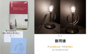 斷用連
“
將光的隱喻元素＋搭配斷用連卡
進行造型概念的發想
每人取用其中
3個元素寫在便利貼上
 