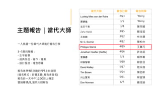 主題報告｜當代大師
一人挑選一位當代大師進行報告分享
3~5頁的簡報：
- 生平背景
- 經典作品、著作、專案
- 設計風格、理念思維
報告者準備5分鐘的PPT上台說明
(檔名格式：自選主題_報告者姓名)
報告前一天中午12:00前上傳至
雲端硬碟/B_當代大師報告
當代大師 報告日期 報告同學
Ludwig Mies van der Rohe 2/23 Winny
原研哉 3/1 Winny
盐田千春 3/8 陳艿疄
Zaha Hadid 3/15 鄭佳茵
三古純 3/22 林永黛
M. C. Escher 4/12 陳柏仲
Philippe Starck 4/19 王薰巧
Jonathan Hoefler (Netflix) 4/26 許依茹
宮保睿 5/3 賴亭蓁
村田智明 5/10 歐芸亘
David Kelley 5/17 陸采薇
Tim Brown 5/24 陳劭軒
川上賢司 5/31 蔡宜臻
Don Norman 6/7 鍾佳諭
 