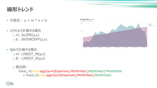 • 方程式： y = m * x + b
• エクセルで計算する場合
o m: SLOPE(y,x)
o b : INTERCEPT(y,x)
• Qlikで計算する場合
o m: LINEST_M(y,x)
o B : LINEST_B(y,x)
o 数式例：
linest_m(total aggr(sum(Expenses),MonthYear),MonthYear)*MonthYear
+ linest_b(total aggr(sum(Expenses),MonthYear),MonthYear)
線形トレンド
 