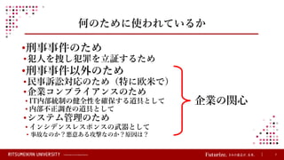 © Ritsumeikan Trust All Rights Reserved 7
何のために使われているか
•刑事事件のため
•犯人を捜し犯罪を立証するため
•刑事事件以外のため
•民事訴訟対応のため（特に欧米で）
•企業コンプライアンスのため
• IT内部統制の健全性を確保する道具として
• 内部不正調査の道具として
•システム管理のため
• インシデンスレスポンスの武器として
• 事故なのか？悪意ある攻撃なのか？原因は？
企業の関心
 