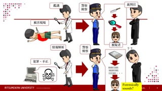 © Ritsumeikan Trust All Rights Reserved 8
01011101
10101101
111101・・・
被害現場
鑑識 警察
検察
裁判官
被疑者
？？
Forensically
sounds?
犯罪・不正
情報解析 警察
検察
 