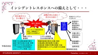 © Ritsumeikan Trust All Rights Reserved 9
インシデントレスポンスへの備えとして・・・
平時の対応
緊急時の対応
情報システム
管理者
システム管理者
又は外部の専門家
分析・
整理
された
証拠
管理者や
専門家へ：
原因究明と
再発防止
被害拡大抑止
弁護士等へ：
法的交渉や
民事訴訟
捜査機関へ：
刑事訴訟
信頼できる認証基盤の確立
通信や操作記録の収集・保管
記録やログの消去改竄抑止
ログや記録の定常的検査に
よるインシデント発見 など…
電磁的証拠の保全と収集・解析
収集過程と解析結果の文書化
証拠改竄・毀損の有無の確認・立証
証拠保全後のシステムの速やかな回復
など…
法的対応
従来のインシデント
レスポンス
事件・事故の
発生
インシデントや訴訟係争の
発生／情報漏えい・
内部不正の発覚など
何か起きたと
きに備えて
証拠が消える前に！
消される前に！
 