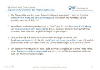 Mainz, April 2024 Substitution von Kunststoffverpackungen durch Papierverbunde
1. Alle Steuersätze wurden in der Szenariorechnung so austariert, dass im Ergebnis
Einnahmen in Höhe des EU-Eigenmittels für nicht recycelte Kunststoffabfälle
generiert werden: 1,4 Mrd. €
2. Viele ökonomische Analysen kommen zu dem Ergebnis, dass die monetäre Wirkung
von Verpackungssteuern begrenzt ist. Das ist auch aus Sicht der GVM zutreffend,
zumindest was industriell abgefüllte Verpackungen angeht.
3. Eine im Hinblick auf Papierverbunde extrem wichtige Ausnahme sind
Serviceverpackungen. Hier ist die Nachfrage extrem preiselastisch, was z.B. auch in
einem hohen Anteil von Importware und Online-Bestellungen zum Ausdruck kommt.
4. Von besonderer Bedeutung ist auch, dass die Verpackungssteuer in einer Phase käme,
in der Papierverbunde ohnehin stark wachsen, v.a. auf Kosten von Kunststoff- und
auch von Aluminiumverpackungen.
Allgemeine Grundlinien der Prognoseszenarien
Substitution durch Papierverbunde
33
 