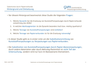 Mainz, April 2024 Substitution von Kunststoffverpackungen durch Papierverbunde
> Vor diesem Hintergrund beantwortet diese Studie die folgenden Fragen:
1. Welche Dynamik hat die Ersetzung von Kunststoffverpackungen durch Papierverbunde
mittelfristig (bis 2030)?
2. In welchen Marktsegmenten ist die Dynamik besonders hoch bzw. niedrig (qualitativ)?
3. Welche Tonnage von Kunststoffverpackungen wird entfallen?
4. Welche Tonnage von Papierverbunden ist für die Ersetzung notwendig?
> In dieser Studie geht es in erster Linie um die Substitutionsrichtung von
Kunststoffverpackungen zu Verpackungen aus Papierverbunden.
> Die Substitution von Kunststoffverpackungen durch Papier-Monoverpackungen,
durch andere Materialien oder durch Mehrweg-Packmittel ist nicht Teil der
Untersuchung, sondern wird nur kurz im Basisszenario thematisiert.
Hintergrund und Zielsetzung
Substitution durch Papierverbunde
4
 