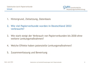 Mainz, April 2024 Substitution von Kunststoffverpackungen durch Papierverbunde
1. Hintergrund, Zielsetzung, Datenbasis
2. Wie viel Papierverbunde wurden in Deutschland 2022
verbraucht?
3. Wie stark steigt der Verbrauch von Papierverbunden bis 2030 ohne
weitere Lenkungsmaßnahmen?
4. Welche Effekte haben potenzielle Lenkungsmaßnahmen?
5. Zusammenfassung und Bewertung
Inhalt
Substitution durch Papierverbunde
8
 
