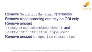 COPYRIGHT (C) 2024, ECLIPSE FOUNDATION, INC. | THIS WORK IS LICENSED UNDER A CREATIVE COMMONS ATTRIBUTION 4.0 INTERNATIONAL LICENSE (CC BY
Remove SecurityManager references
Remove class scanning and rely on CDI only
Remove unused
PreDestroyCustomScopeEvent and
PostConstructCustomScopeEvent
Remove unused composite:extension
 