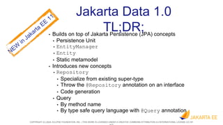 COPYRIGHT (C) 2024, ECLIPSE FOUNDATION, INC. | THIS WORK IS LICENSED UNDER A CREATIVE COMMONS ATTRIBUTION 4.0 INTERNATIONAL LICENSE (CC BY
Jakarta Data 1.0
TL;DR;
• Builds on top of Jakarta Persistence (JPA) concepts
• Persistence Unit
• EntityManager
• Entity
• Static metamodel
• Introduces new concepts
• Repository
• Specialize from existing super-type
• Throw the @Repository annotation on an interface
• Code generation
• Query
• By method name
• By type safe query language with @Query annotation
 