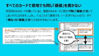 すべてのカードで意地でも同じ「価値」を書かない
106
何百枚もKAカードを書いていると、複数のKAカードに思わず同じ「価値」を書いて
しまいそうになります。しかし、ぐっとこらえて意地でも（⼀⽂字でもいいので）すべ
て異なった「価値」を書くことをおすすめしています。
意地でも
異なった「価値」
を書く
 