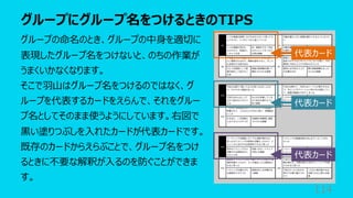 グループにグループ名をつけるときのTIPS
114
グループの命名のとき、グループの中⾝を適切に
表現したグループ名をつけないと、のちの作業が
うまくいかなくなります。
そこで⽻⼭はグループ名をつけるのではなく、グ
ループを代表するカードをえらんで、それをグルー
プ名としてそのまま使うようにしています。右図で
⿊い塗りつぶしを⼊れたカードが代表カードです。
既存のカードからえらぶことで、グループ名をつけ
るときに不要な解釈が⼊るのを防ぐことができま
す。
代表カード
代表カード
代表カード
 