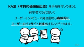 157
KA法（本質的価値抽出法）を⼿順を守って使うと
初学者でも安定して
ユーザーインタビューの発話録から客観的に
ユーザーのインサイトを抽出することができます。
 