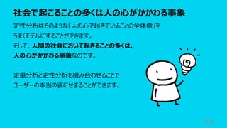 社会で起こることの多くは⼈の⼼がかかわる事象
159
定性分析はそのような「⼈の⼼で起きていることの全体像」を
うまくモデルにすることができます。
そして、⼈間の社会において起きることの多くは、
⼈の⼼がかかわる事象なのです。
定量分析と定性分析を組み合わせることで
ユーザーの本当の姿にせまることができます。
 