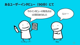 あるユーザーインタビュー（90分）にて
19
今のインタビューの発⾒点は
10項⽬ありました
インタビューアー ⽻⼭
んっ・・・
 