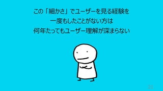 21
この 「細かさ」 でユーザーを⾒る経験を
⼀度もしたことがない⽅は
何年たってもユーザー理解が深まらない
 