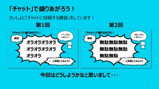 「チャット」で盛りあがろう︕
3
第1回 第2回
さいしょに「チャットに投稿する練習」をしています︕
今回はどうしようかなと思いまして・・・
 