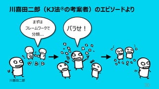 川喜⽥⼆郎（KJ法®の考案者）のエピソードより
30
まずは
フレームワークで
分類...
バラせ︕
川喜⽥⼆郎
 