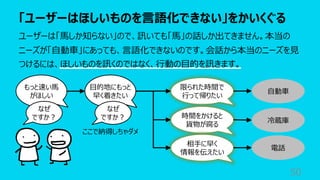 「ユーザーはほしいものを⾔語化できない」をかいくぐる
50
ユーザーは「⾺しか知らない」ので、訊いても「⾺」の話しか出てきません。本当の
ニーズが「⾃動⾞」にあっても、⾔語化できないのです。会話から本当のニーズを⾒
つけるには、ほしいものを訊くのではなく、⾏動の⽬的を訊きます。
もっと速い⾺
がほしい
⾃動⾞
なぜ
ですか︖
⽬的地にもっと
早く着きたい
限られた時間で
⾏って帰りたい
ここで納得しちゃダメ
時間をかけると
貨物が腐る
相⼿に早く
情報を伝えたい
冷蔵庫
電話
なぜ
ですか︖
 