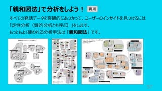 「親和図法」で分析をしよう︕
57
すべての発話データを客観的にあつかって、ユーザーのインサイトを⾒つけるには
「定性分析（質的分析とも呼ぶ）」をします。
もっともよく使われる分析⼿法は 「親和図法」 です。
再掲
 