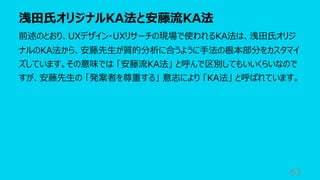 浅⽥⽒オリジナルKA法と安藤流KA法
63
前述のとおり、UXデザイン・UXリサーチの現場で使われるKA法は、浅⽥⽒オリジ
ナルのKA法から、安藤先⽣が質的分析に合うように⼿法の根本部分をカスタマイ
ズしています。その意味では 「安藤流KA法」 と呼んで区別してもいいくらいなので
すが、安藤先⽣の 「発案者を尊重する」 意志により 「KA法」 と呼ばれています。
 
