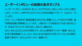 ユーザーインタビューの会話の全⽂サンプル
81
ユーザーインタビューは4名⾏いました。それぞれAさん・Bさん・Cさん・Dさんと表記
します。インタビューは昨今のコロナウイルスの状況を鑑みてリモート（Zoom）でし
ています。
リクルーティング条件は「資格試験を2年以内に受験した⼈」「TOEICや英検、語
学資格試験の受験者」としています。⼈数はサンプル⽤途なので4名に絞りました
が、本当のプロジェクトであれば6〜8名くらい集めます。
Aさん・Bさんはともに20代の男性です。Aさんは教育系ベンチャー勤務、Bさんは
私学の英語教員でした。Cさん・Dさんは30代前半の⼥性です。Cさんは外資系
勤務で育休中、Dさんはメガベンチャー勤務です。
 