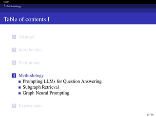 GNP
Methodology
Table of contents I
1 Abstract
2 Introduction
3 Preliminary
4 Methodology
Prompting LLMs for Question Answering
Subgraph Retrieval
Graph Neural Prompting
5 Experiments
13 / 38
 
