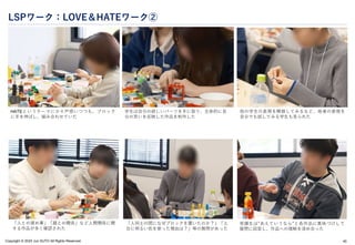Copyright © 2024 Jun SUTO All Rights Reserved.
LSPワーク：LOVE＆HATEワーク②
40
HATEというテーマに少々戸惑いつつも、ブロック
に手を伸ばし、組み合わせていた
学生は自分の欲しいパーツを手に取り、主体的に自
分の思いを反映した作品を制作した
他の学生の表現を模倣してみるなど、他者の表現を
自分でも試してみる学生も見られた
「人との揉め事」「親との関係」など人間関係に関
する作品が多く確認された
「人同士の間になぜブロックを置いたのか？」「土
台に明るい色を使った理由は？」等の質問があった
受講生は”あえていうなら”と各作品に意味づけして
質問に回答し、作品への理解を深め合った
 