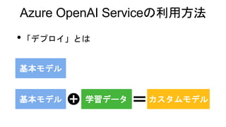 Azure OpenAI Serviceの利用方法
•「デプロイ」とは
基本モデル
カスタムモデル
基本モデル 学習データ
 