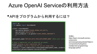 Azure OpenAI Serviceの利用方法
•APIをプログラムから利用するには？
引用元：
https://learn.microsoft.com/en-
us/azure/ai-
services/openai/quickstart?tabs=c
ommand-line%2Cpython-
new&pivots=programming-
language-python
 