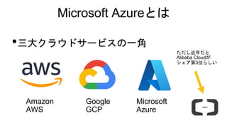 Microsoft Azureとは
Amazon
AWS
Google
GCP
Microsoft
Azure
•三大クラウドサービスの一角
ただし近年だと
Alibaba Cloudが
シェア第3位らしい
 